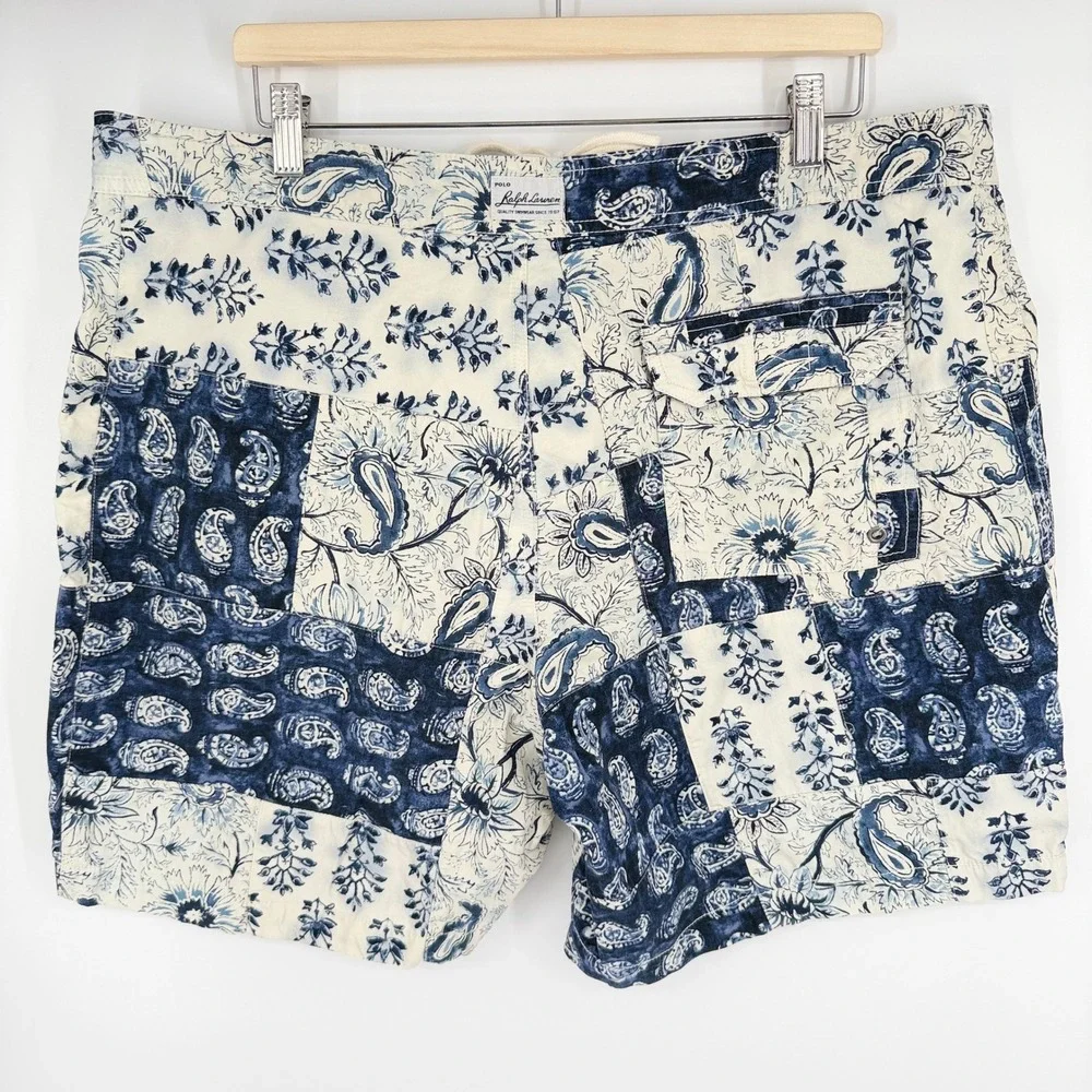 Polo Ralph Lauren Mens 40 Patchwork Bandana Paisley Board Shorts Blue Cotton Y2K